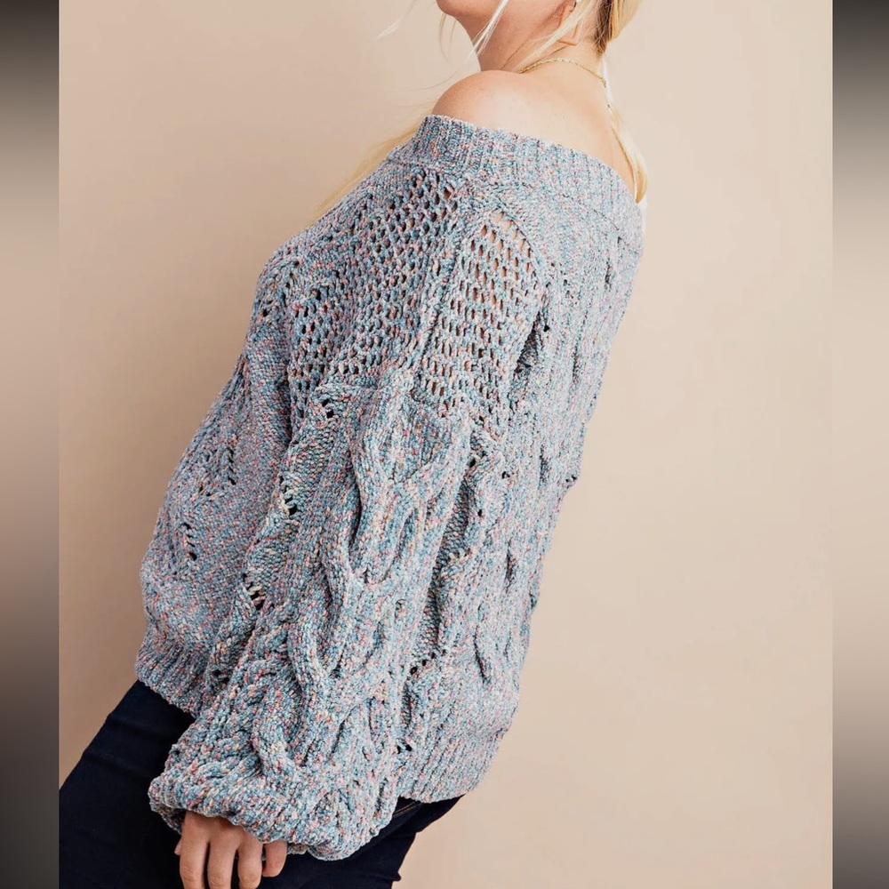 Off-the-Shoulder Cable Knit Sweater - Heather Blue - Picture 2 of 3